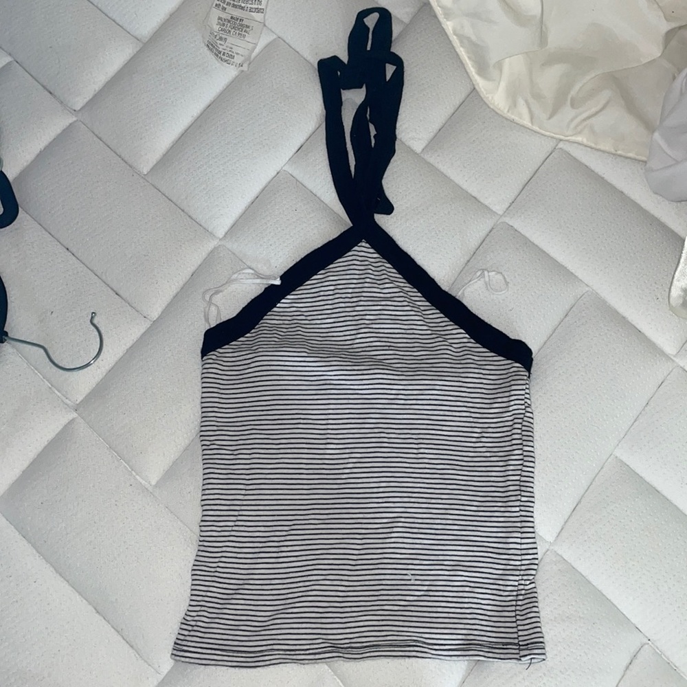 Halter neck tie black and white striped crop top